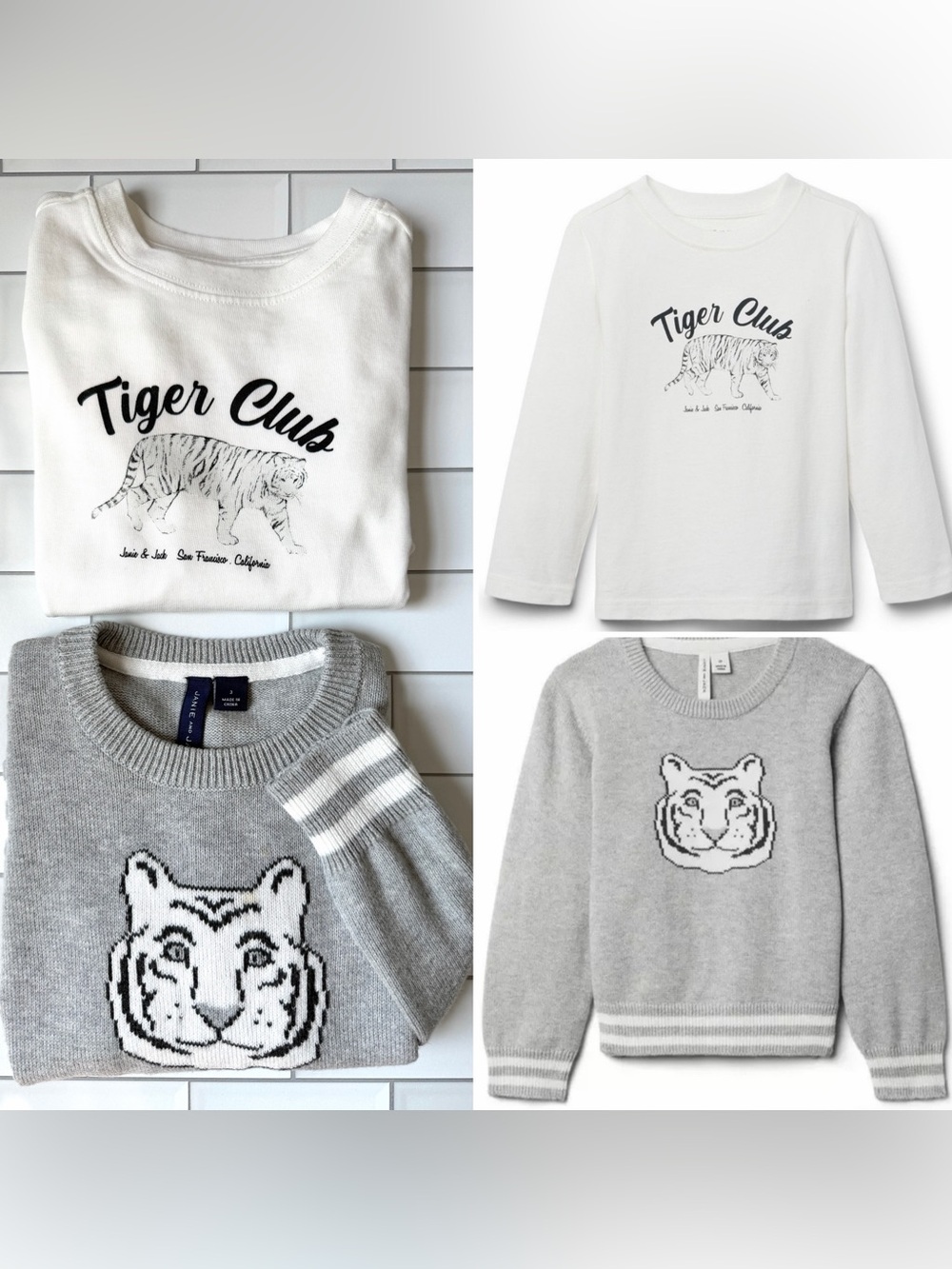 3🐯 Janie & Jack Tiger Club Bundle Ivory LS Tee & Gray Varsity Intarsia Sweater